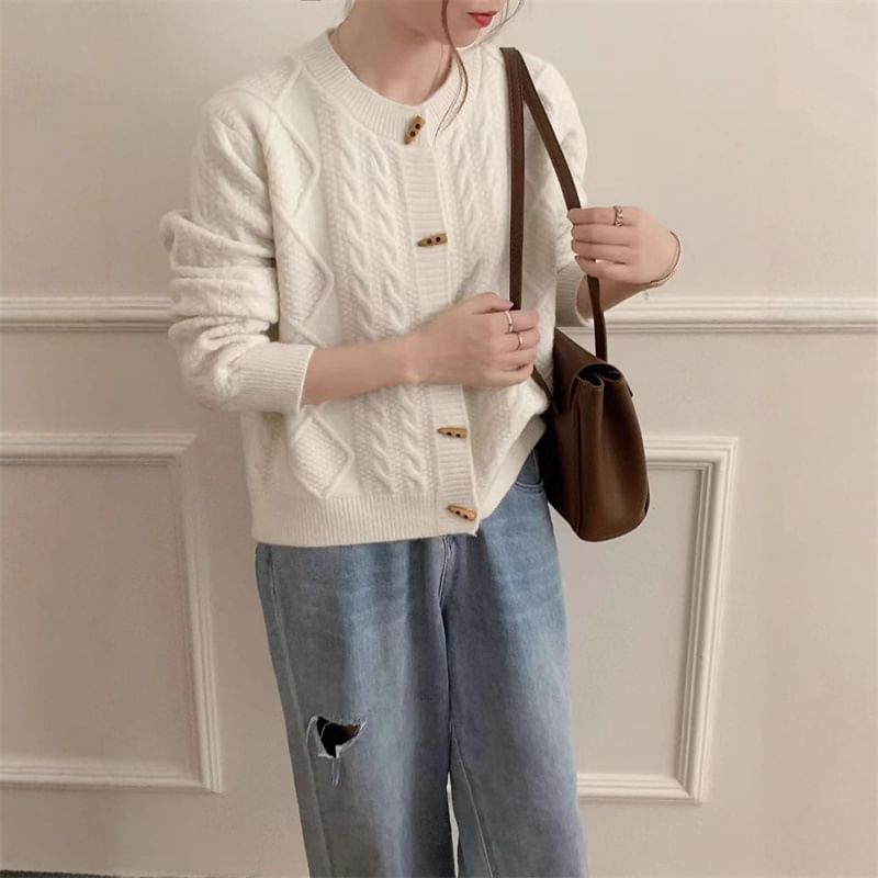 Round Neck Plain Cable Knit Toggle Cardigan