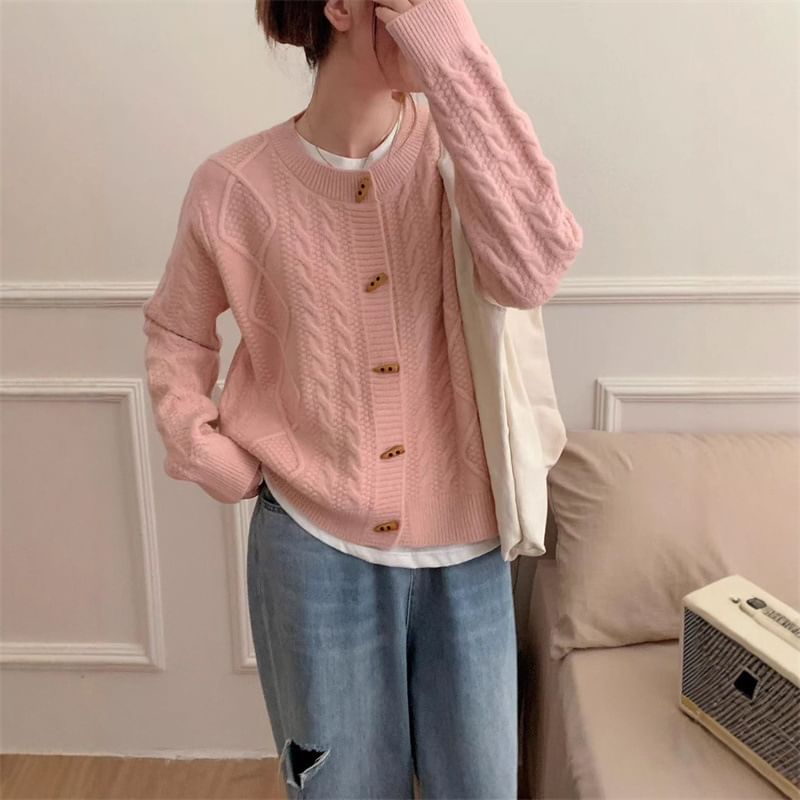 Round Neck Plain Cable Knit Toggle Cardigan