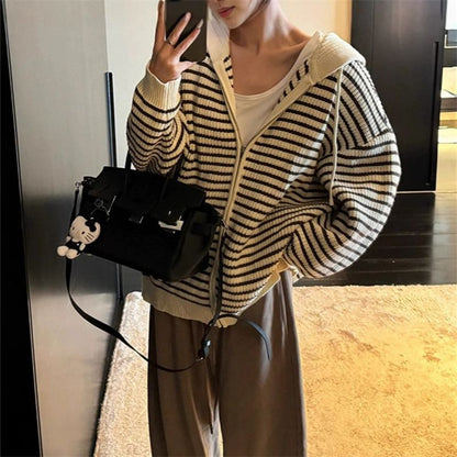 Striped Drawstring Hooded Zip Cardigan