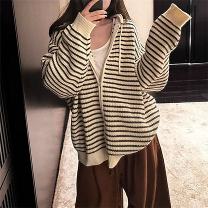 Striped Drawstring Hooded Zip Cardigan