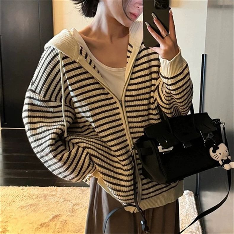Striped Drawstring Hooded Zip Cardigan