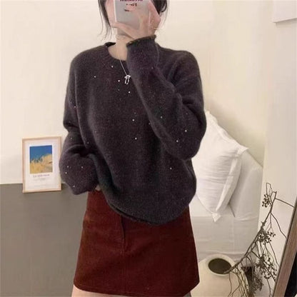 Sequin-Embellished Plain Crewneck Pullover Sweater