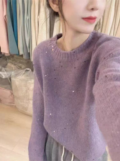 Sequin-Embellished Plain Crewneck Pullover Sweater