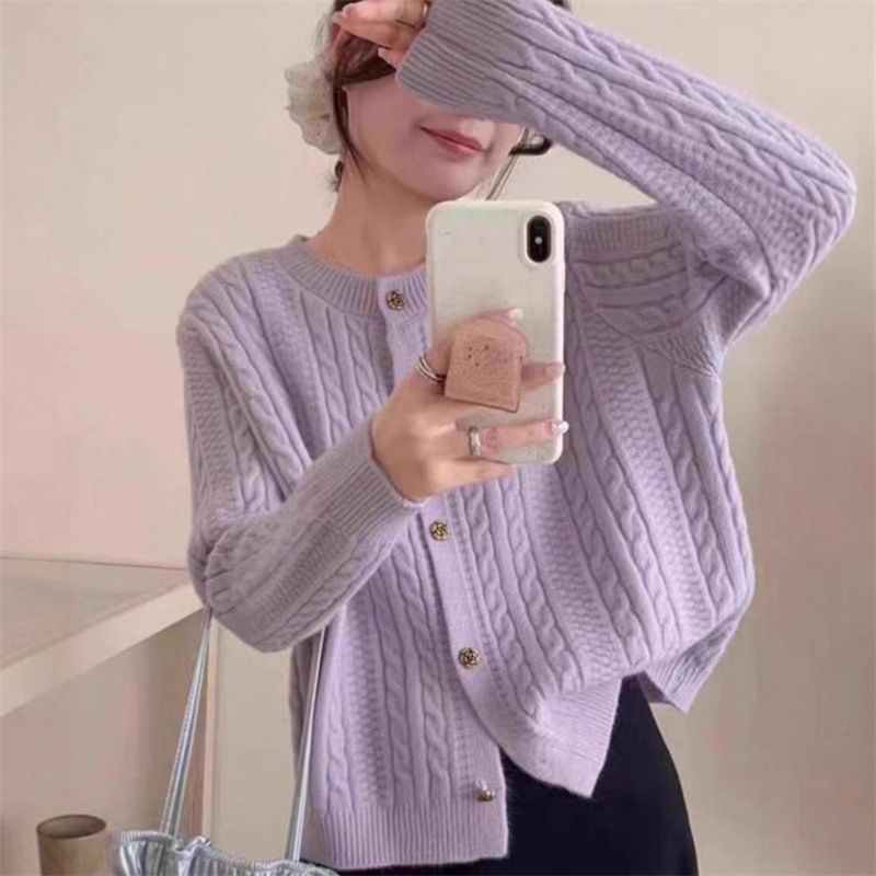 Round Neck Plain Cable Knit Cardigan