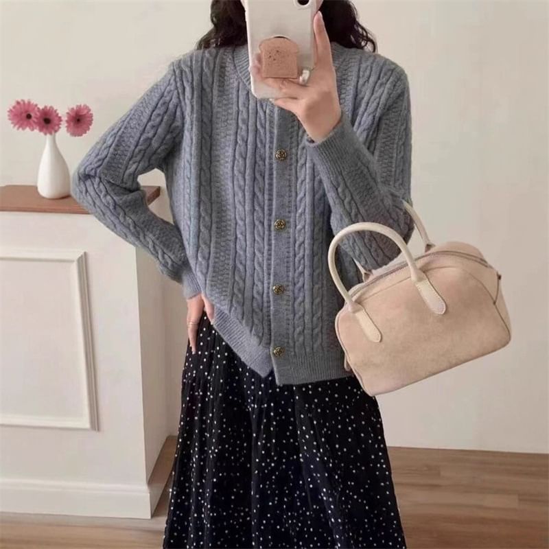 Round Neck Plain Cable Knit Cardigan