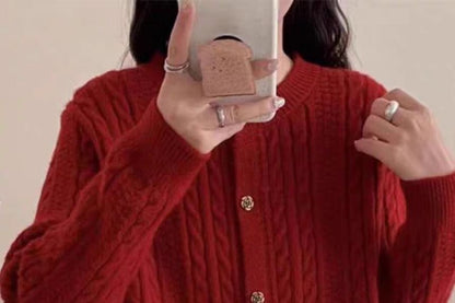 Round Neck Plain Cable Knit Cardigan
