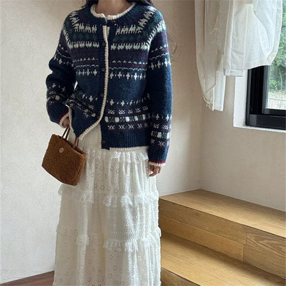 Round Neck Jacquard Contrast Trim Cardigan