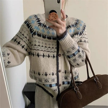 Round Neck Jacquard Contrast Trim Cardigan