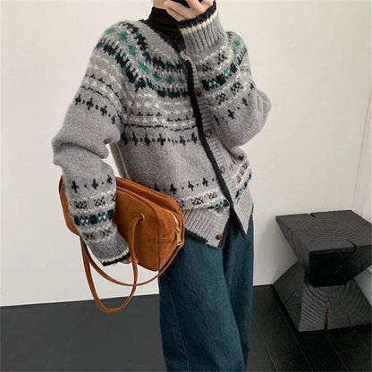 Round Neck Jacquard Contrast Trim Cardigan