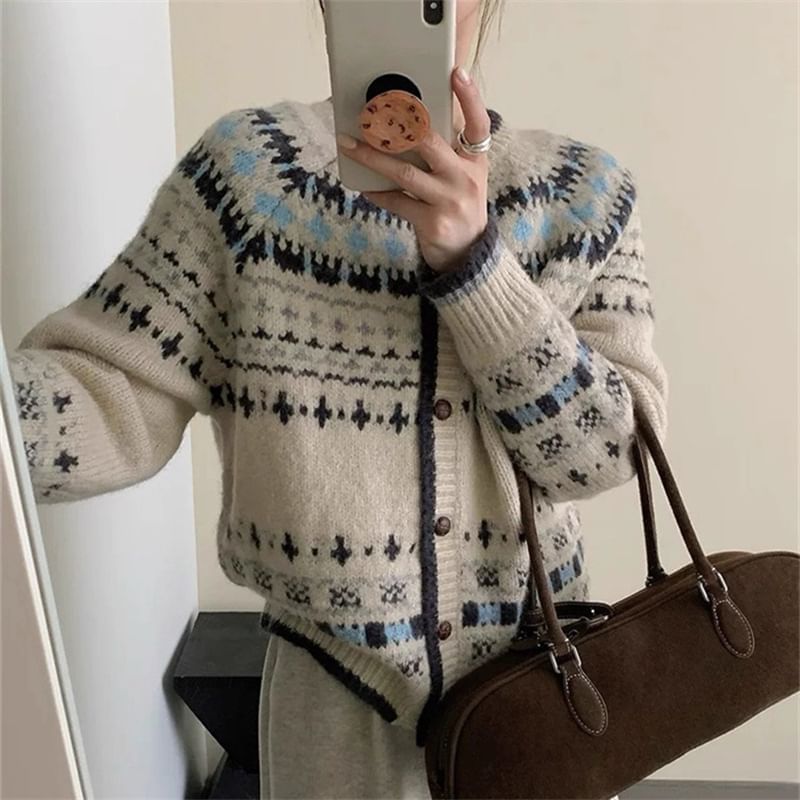 Round Neck Jacquard Contrast Trim Cardigan