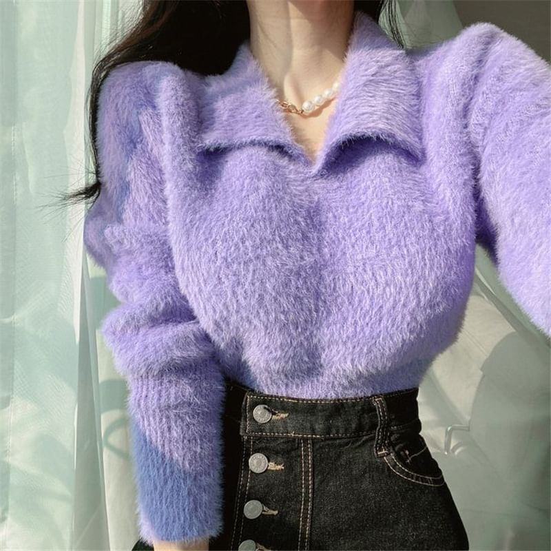 Long-Sleeve Collar Fluffy Knit Top in Solid Color