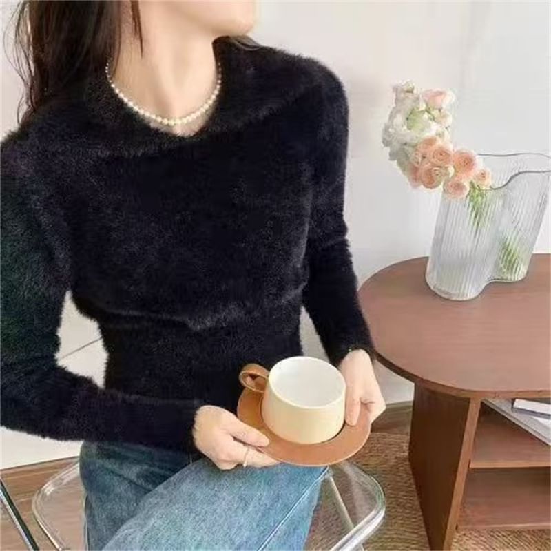 Long-Sleeve Collar Fluffy Knit Top in Solid Color