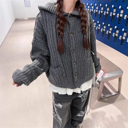 Plain Drawstring Hooded Cable Knit Cardigan