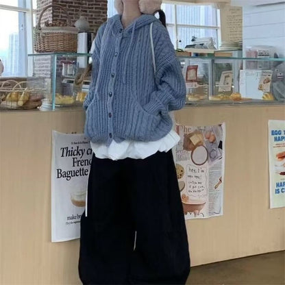 Plain Drawstring Hooded Cable Knit Cardigan