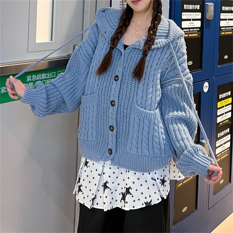 Plain Drawstring Hooded Cable Knit Cardigan