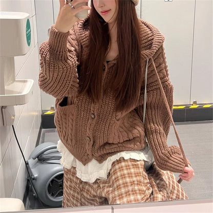 Plain Drawstring Hooded Cable Knit Cardigan
