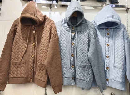 Plain Drawstring Hooded Cable Knit Cardigan