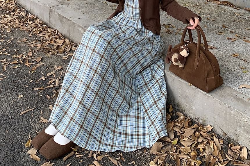 Plain Crop Cardigan / Sleeveless Plaid Midi A-Line Dress