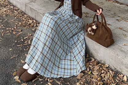 Plain Crop Cardigan / Sleeveless Plaid Midi A-Line Dress