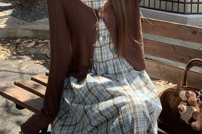 Plain Crop Cardigan / Sleeveless Plaid Midi A-Line Dress