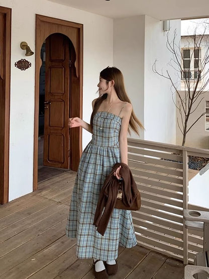 Plain Crop Cardigan / Sleeveless Plaid Midi A-Line Dress