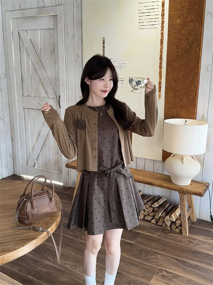 Button-Up Plain Cardigan / Sleeveless Dotted Mini A-Line Dress