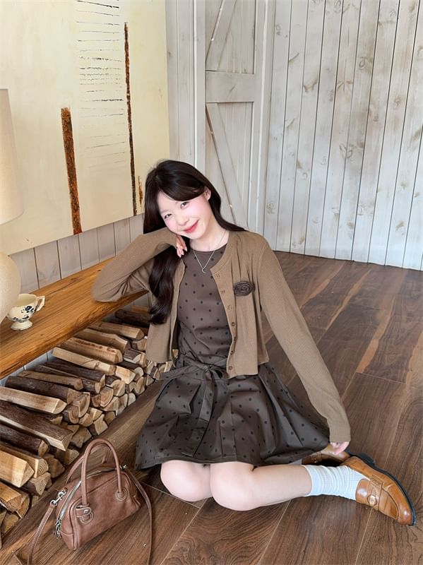 Button-Up Plain Cardigan / Sleeveless Dotted Mini A-Line Dress