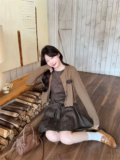 Button-Up Plain Cardigan / Sleeveless Dotted Mini A-Line Dress