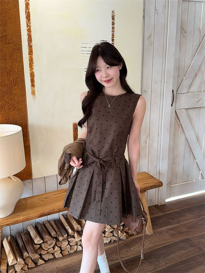 Button-Up Plain Cardigan / Sleeveless Dotted Mini A-Line Dress