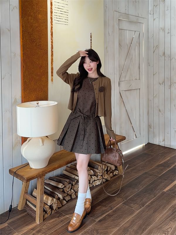 Button-Up Plain Cardigan / Sleeveless Dotted Mini A-Line Dress