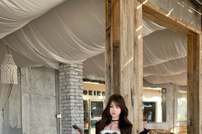 Plain Crop Cardigan / Sleeveless Lace Mini A-Line Dress