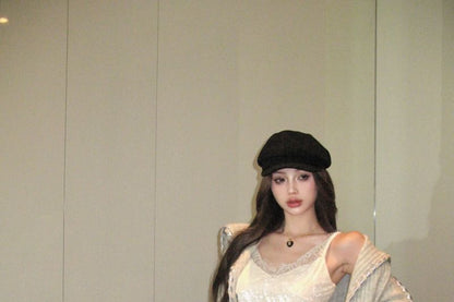 Sleeveless Lace Mini Dress / Plain Crop Cardigan