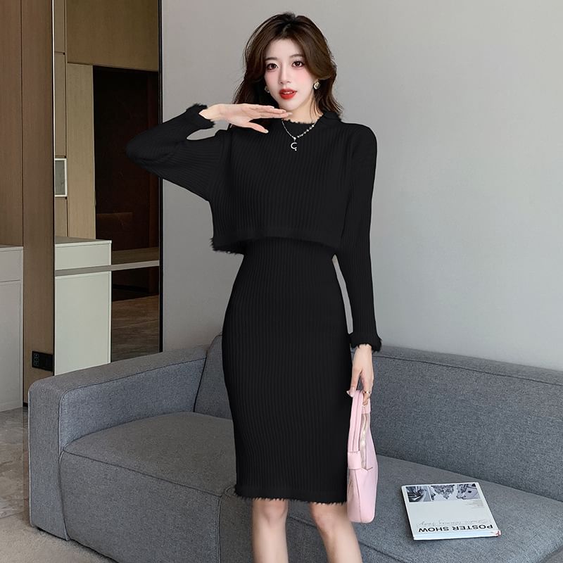 Mock Neck Ribbed Knit Top & Elastic Waist Pencil Skirt Set