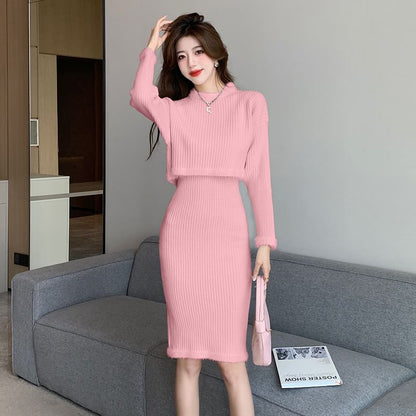 Mock Neck Ribbed Knit Top & Elastic Waist Pencil Skirt Set