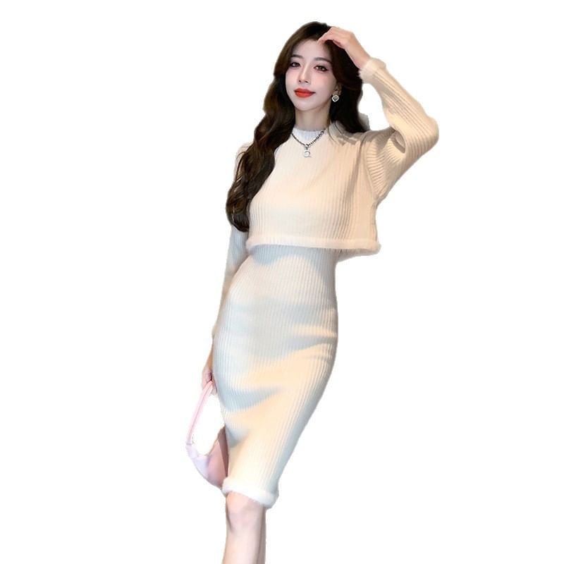Mock Neck Ribbed Knit Top & Elastic Waist Pencil Skirt Set