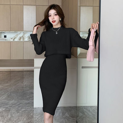 Mock Neck Ribbed Knit Top & Elastic Waist Pencil Skirt Set