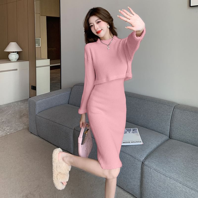 Mock Neck Ribbed Knit Top & Elastic Waist Pencil Skirt Set