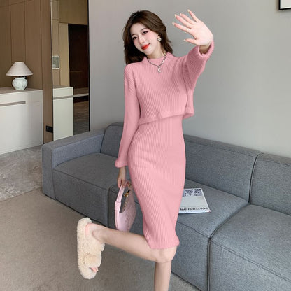 Mock Neck Ribbed Knit Top & Elastic Waist Pencil Skirt Set