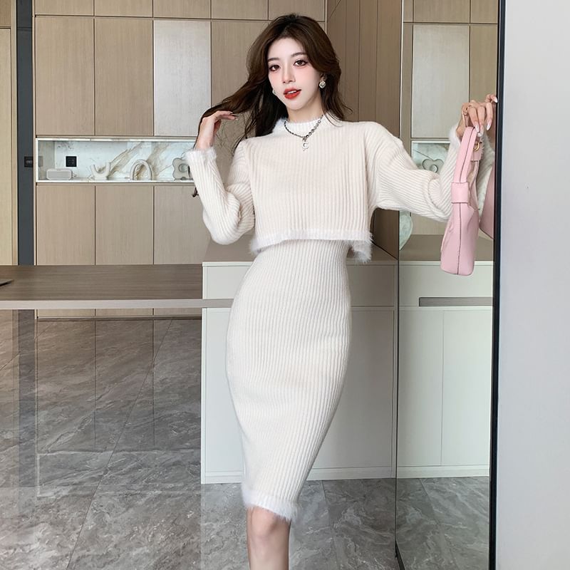 Mock Neck Ribbed Knit Top & Elastic Waist Pencil Skirt Set