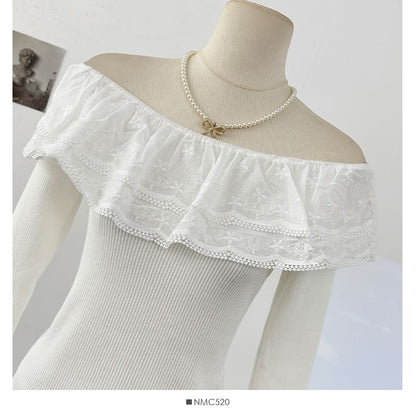 Off-Shoulder Lace Panel Ribbed-Knit Long Sleeve Top