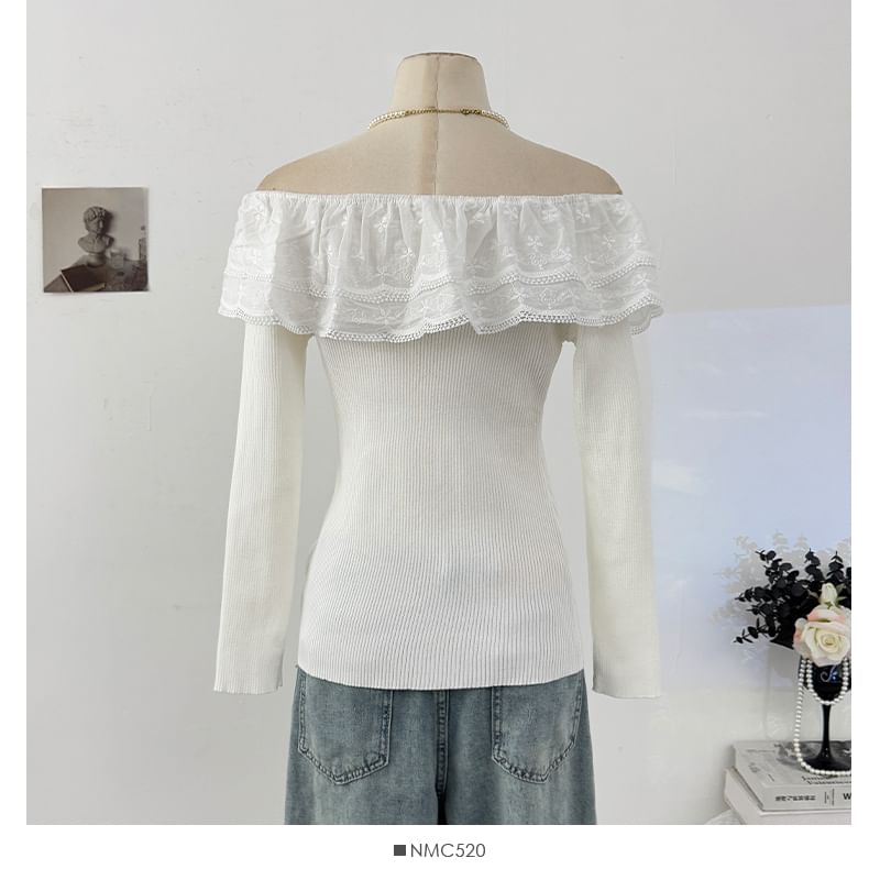Off-Shoulder Lace Panel Ribbed-Knit Long Sleeve Top