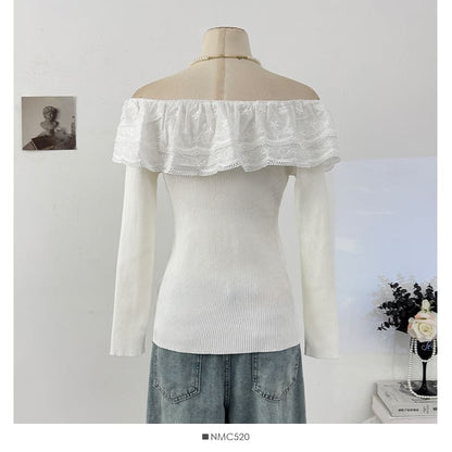 Off-Shoulder Lace Panel Ribbed-Knit Long Sleeve Top