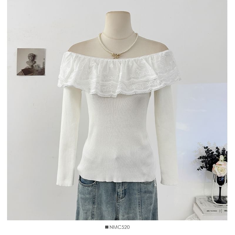 Off-Shoulder Lace Panel Ribbed-Knit Long Sleeve Top