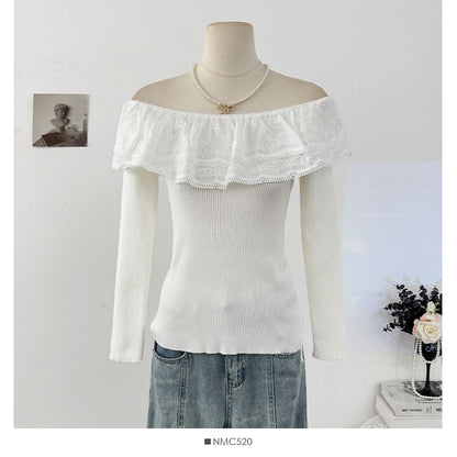 Off-Shoulder Lace Panel Ribbed-Knit Long Sleeve Top