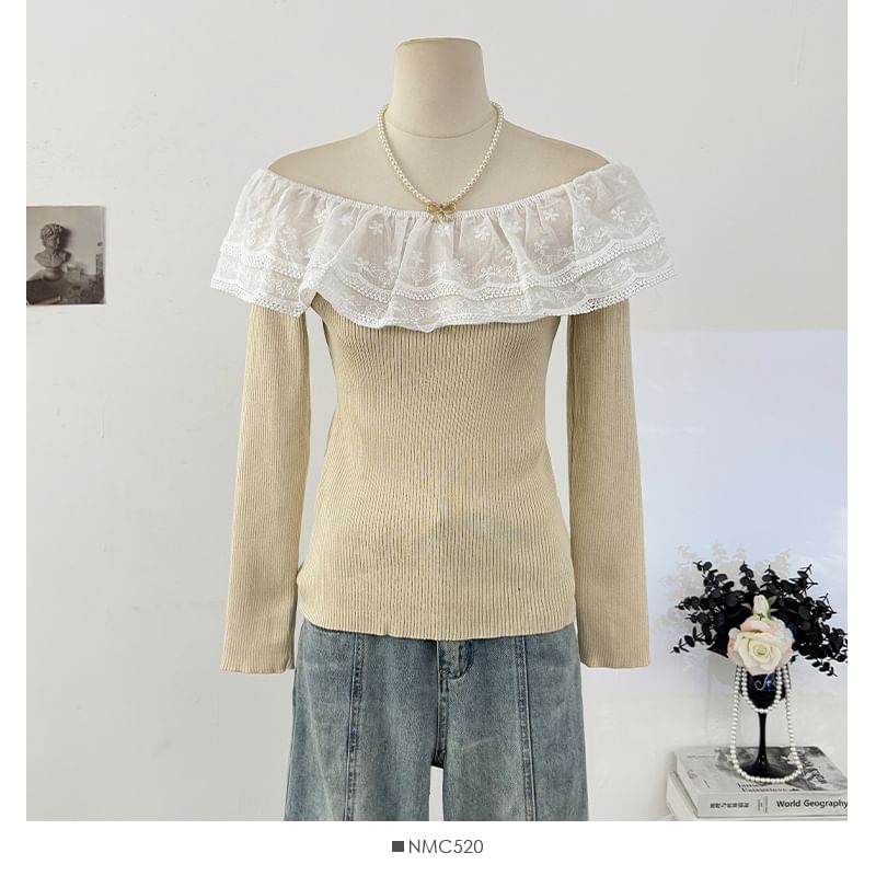 Off-Shoulder Lace Panel Ribbed-Knit Long Sleeve Top