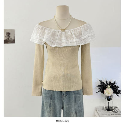 Off-Shoulder Lace Panel Ribbed-Knit Long Sleeve Top