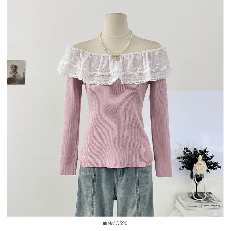 Off-Shoulder Lace Panel Ribbed-Knit Long Sleeve Top