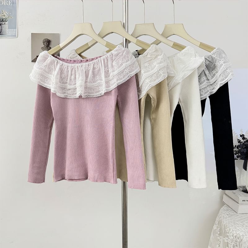 Off-Shoulder Lace Panel Ribbed-Knit Long Sleeve Top