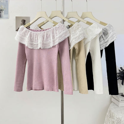 Off-Shoulder Lace Panel Ribbed-Knit Long Sleeve Top
