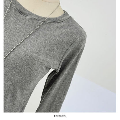 Color-Block Crew Neck Fitted Top with Ruffled Hem